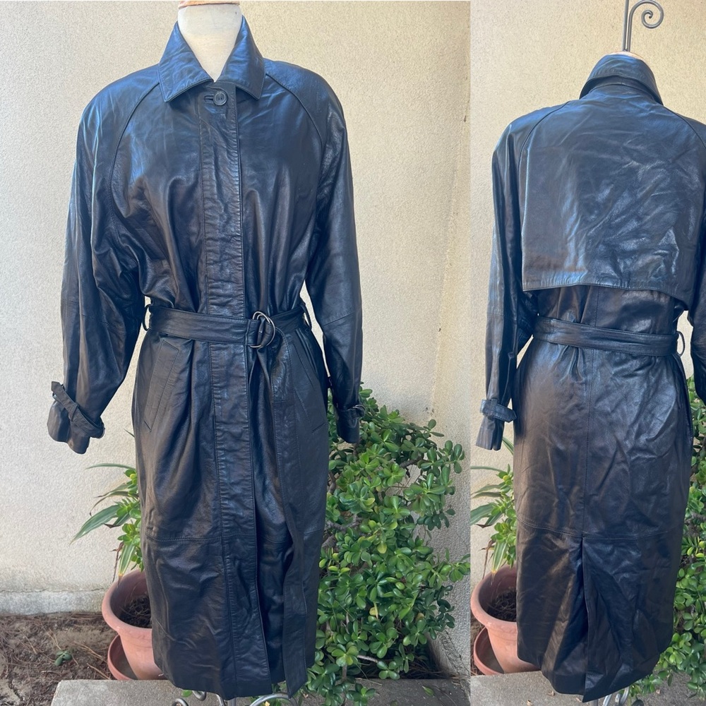 Vintage Black Leather Trench Coat Maxi Lined Pockets Sz M GDT Too